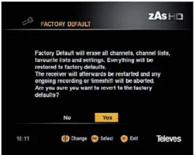 FACTORY DEFAULT Factory Default will erase all channels, channel lists, favourite lists and settings. Everything will be restored to factory defaults. The receiver will afterwards be restarted and any ongoing recording or timeshift will be aborted. Are you sure you want to revert to the factory defaults? No Yes 10:11 Change Select Exit Televes