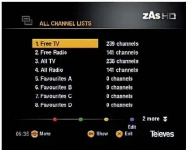 ALL CHANNEL LISTS 1. Free TV 2. Free Radio 3. All TV 4. All Radio 5. Favourites A 6. Favourites B 7. Favourites C 8. Favourites D 239 channels 141 channels 238 channels 141 channels 0 channels 0 channels 0 channels 0 channels 2 more 06:35 Move OK Show Edit Exit Televes
