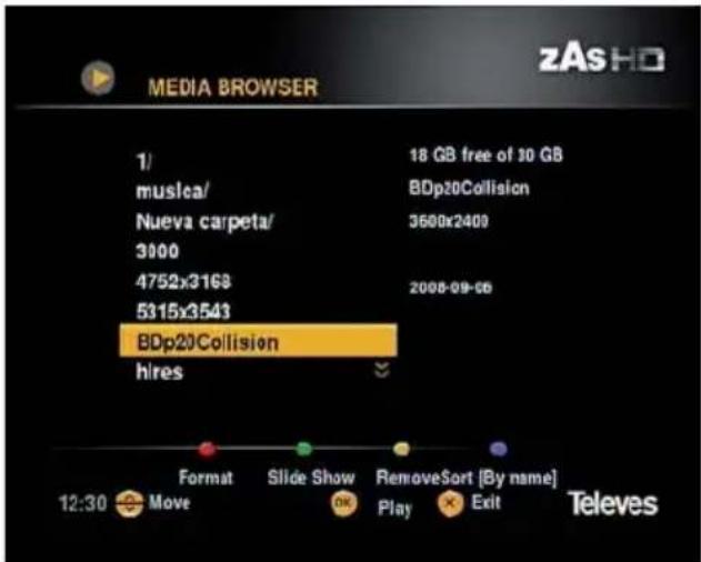 MEDIA BROWSER 1/ musica/ Nueva carpeta/ 3000 4752x3168 5315x3543 BDp20Collision hires 18 GB free of 30 GB BDp20Collision 3600x2409 2008-09-06 Format Slide Show RemoveSort [By name] 12:30 Move Play Exit Televes