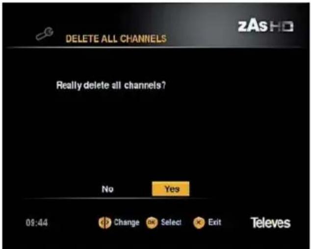 DELETE ALL CHANNELS zAsHo Really delete all channels? No Yes 09:44 Change OK Select Exit Televes