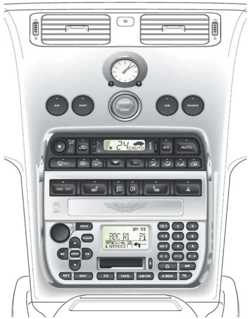 Interior view of a car dashboard with digital climate control panel and control buttons