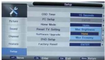 Setup OSD Timer 15 Seconds PC Setup ENTER Home Mode Home Sound Reset TV Setting Max Brightness Channel Software Upgrade Home DVD Setup Max Economy Feature Factory Reset ENTER Setup Move On Enter Set End Menu Return