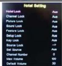 Hotel Setting Hotel Lock Aus Channel Lock Aus Picture Lock Aus Sound Lock Aus Feature Lock Aus Setup Lock Aus Key Lock Aus Source Lock →P Set Source Aus Channel Number 0 Max. Volume 100 Default Volume 30