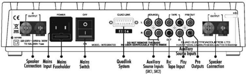 R OUTPUT POWER OFF QUAD LINK Elite DO NOT REMOVE THE BASE NO USER SERVICEABLE PARTS INBIDE SOURCE TAPE PRE OUT L OUTPUT N21088 220-230V~050Hz 300W T3.15A 250V Fuse Speaker Connection Mains Input Mains Fuseholder ON MODEL: INTEGRATED AUXILIARY Source Inputs (SRC1, SRC2) Rec Tape Input Play Pre Outputs Speaker Connection QUAD ELECTROACQUISITICS LTD HUNTLEDON,CAMOS,PE29 BXU,UNITED KINGDOM