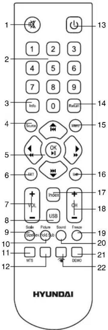 1 2 3 4 5 6 7 8 9 Info 0 Return 13 14 15 16 17 18 19 20 21 22 HYUNDAI Scale Picture Sound Freeze SizeRev.Hold.Sub MTS DEMO