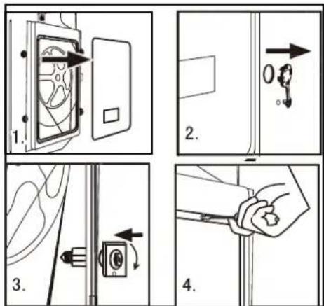 Technical diagram showing four steps of installing a door panel, with labeled arrows and directional arrows indicating movement.