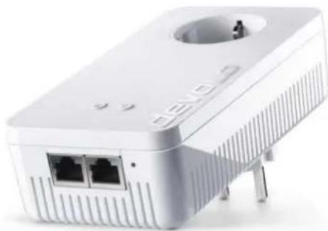 White GEV10 network adapter device with two Ethernet ports and a circular port (no visible text or symbols)