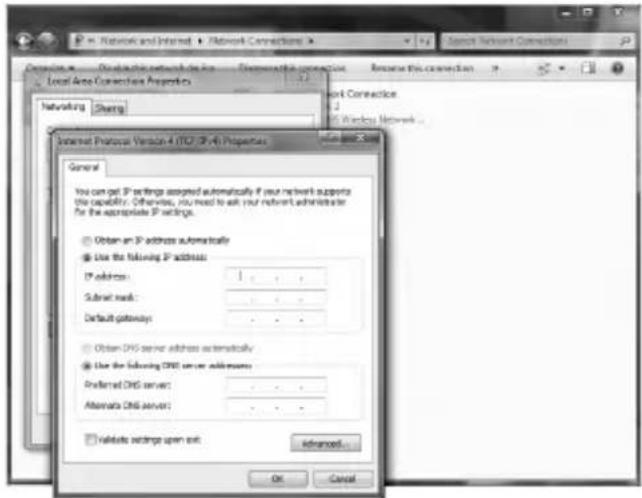 Network and Internet Local Area Connection Properties Networking Sharing Internet Protocol Version 4 (IICP, IICP-4) Properties General You can get IP settings assigned automatically if your network supports the capability. Otherwise, you need to ask your network administrator for the appropriate IP settings. ○ Obtain an IP address automatically ● Use the following IP address: IP address: 1 . . . Submit mask: . . . Default gateway: . . . ○ Obtain DNS server address automatically ● Use the following DNS server addresses: Preferred DNS server: . . . Alternate DNS server: . . . ○ validate settings open out Advanced... OK Cancel