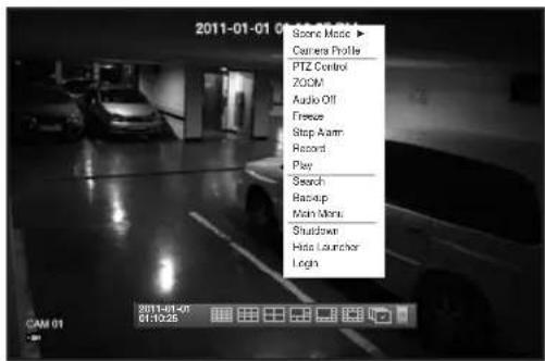 2011-01-01 Sound Mode ▶ Camera Profile PTZ Control ZOOM Audio Off Freeze Stop Aam Record Play Search Racup Main Menu Shutdown Hise Launcher Login CAM 01 2011-01-01 01:03:25