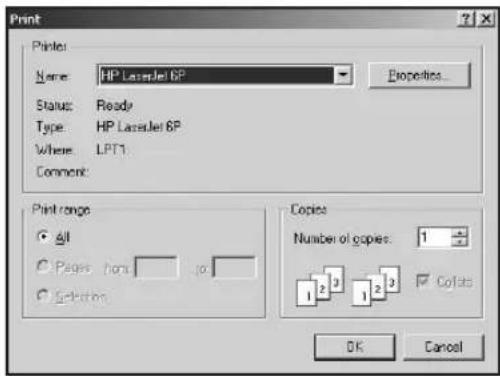 Print Printer: Name: HP LaserJet 6P Status: Ready Type: HP LaserJet 6P Where: LPT1 Comment: Print range All Pages front Colates Copies Number of copies: 1 1 2 3 1 2 3 Colates OK Cancel