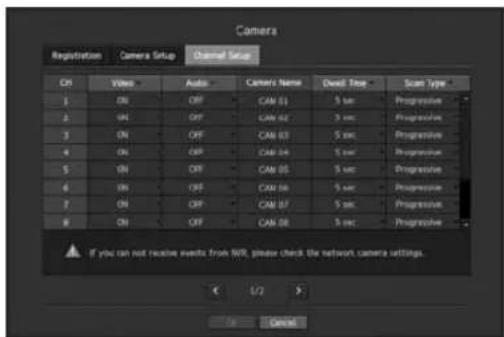 Camera Registration Camera Setup Channel Setup CN Video Auto Camera Name Dead Type Scan Type 1 CN OP CAM 01 5 sec Progressive 2 CN OP CAM 02 5 sec Progressive 3 CN OP CAM 03 5 sec Progressive 4 CN OP CAM 04 5 sec Progressive 5 CN OP CAM 05 5 sec Progressive 6 CN OP CAM 06 5 sec Progressive 7 CN OP CAM 07 5 sec Progressive 8 CN OP CAM 08 5 sec Progressive If you can not receive events from NIR, please check the network camera settings. L/2 Cancel