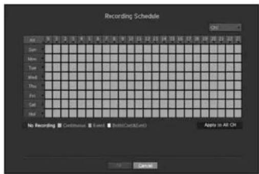 Recording Schedule No Recording Continuous Event Initial/Control/Less Apply to All CH Cancel