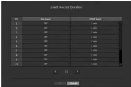 Event Record Duration CH Pre Event POST Event 1 OFF 1 min 2 OFF 1 min 3 OFF 1 min 4 OFF 1 min 5 OFF 1 min 6 OFF 1 min 7 OFF 1 min 8 OFF 1 min 9 OFF 1 min 10 OFF 1 min