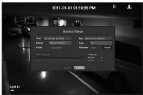2011-01-01 01:10:25 PM Backup Range Start 2011-01-01 15:45:34 End 2011-01-01 08:00:37 Device Materials Type Folder USB (USB) Filename 0000 Change Select commands Backup Cancel CAM 01