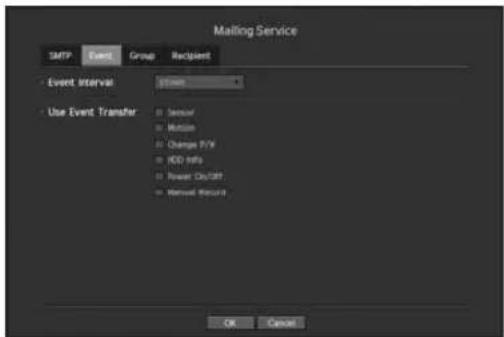 Mailing Service SMTP Event Group Recipient Event Interval $5mm Use Event Transfer □ Sensor □ Button □ Change P/V □ ICD Info □ Power On/Off □ Manual Record OK Cancel