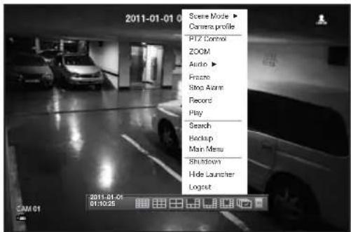 2011-01-01 Scene Mode ▶ Camera profile PIZ Control ZOOM Audio ▶ Freeze Stop Alarm Record Play Search Backup Main Menu Shutdown Hide Launcher Logout 2011-01-01 01:00:55