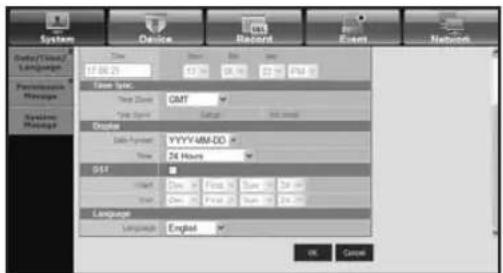 System Device Record Event Network Refer/Show Language Performance Storage Systems Storage Time 17:30:25 Date 12:30 04:30 08:30 01:30 04:30 Data Name: GMT Type Name: Search Web search Delete Data Format: YYYY-MM-DD Time: 24 Hours GST Start: Down: Yes: First: No: Same: 24.00 Start: Down: Yes: First: No: Same: 24.00 Language Language: English OK Cancel