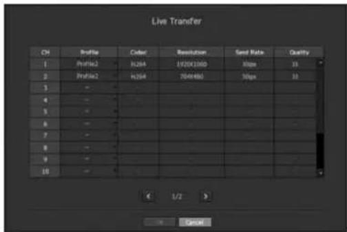 Live Transfer CH Profile Coder Restation Send Rate Quality 1 Profile2 H264 1920X1060 Maps 33 2 Profile2 H264 7044860 30px 33 3 - 33 4 - Ni 5 - Ni 6 - Ni 7 - Ni 8 - Ni 9 - Ni 10 Ni L/2 E Cancel