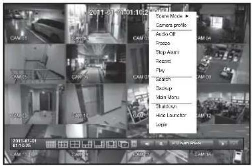 2011-01-01 01:10:2 CAM ST CAM 30 CAM 20 CAM 10 2011-01-01 01:10:25 Score Mode ▶ Camera profile Audio Off Freeze Stop Alarm Record Play Search Backup Main Menu Shutdown Hose Launcher Login