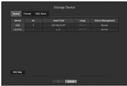 Storage Device Device Format HDD Alarm Device No. HDD 5 C/O/HD - used/Total Usage Status/Management 204.5/62/70.9/1T 0.20 Standard Normal HDD Map Cancel