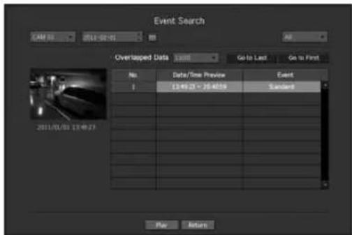 Event Search CAM 03 2011-02-01 All Overlapped Data Date/Time Preview Event 1 12:45:25 - 20:46:58 Standard Play Return