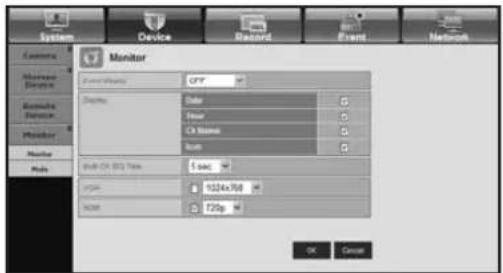 Monitor Event Manager: OFF Display: Color Noise C# Name Audio Multi-CH/SSY Note: 5 sec VPS: 1024x768 HDMI: 720p OK Cancel