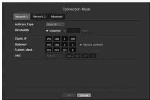 Connection Mode Network 1 Network 2 Advanced Address Type State I Bandwidth Default Static IP 192 148 1 200 Gateway 193 148 1 1 Subset Mask 255 255 255 0 Disk Default gateway OK Cancel