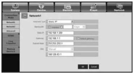 Network1 Adapted Type: Status IP Bandwidth: 0.0000000000000000000000000000000000000000000000000000000000000000000000000000000000000 Status IP: 192.168.1.259 Gateway: 192.168.1.1 Default Name: 253.255.255.9 Date: Manual: 168.126.43.1 OK Cancel