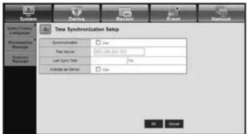 System Device Record Event Network Time Synchronization Setup Synchronization Time Top Server 100.148.2x1.157 Last Sync Time Far Active as Server Use OK Cancel