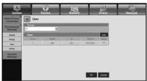 System Device Record Event Network User Group 1 User Add Group Add Add Status Add Add End (end) OK Cancel