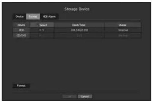 Storage Device Device System HDC Alarm Device Select Used/Total Usage HDD 0.5 304,542/3,997 Internal CD/DVD 100 3.75 86.1-86 Format Cancel