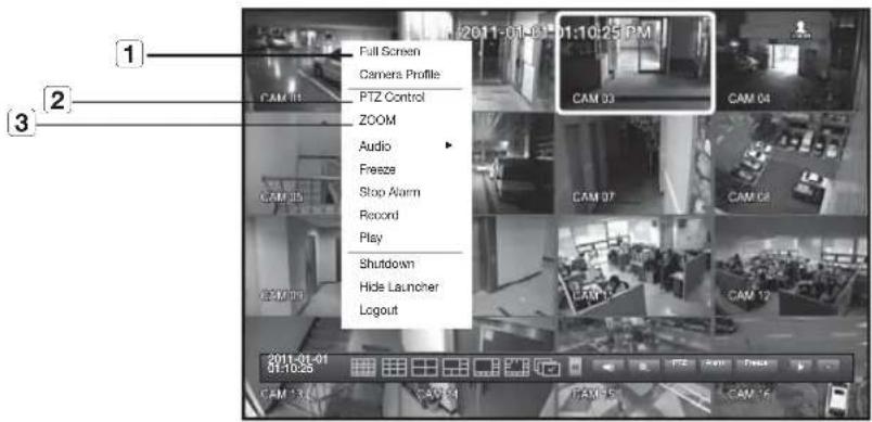 Full Screen Camera Profile PTZ Control ZOOM Audio Freeze Stop Alarm Record Play Shutdown Hide Launcher Logout