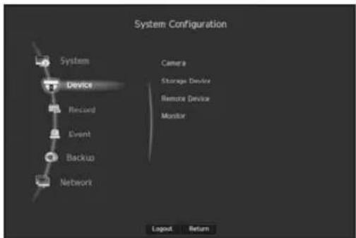 System Configuration System Device Record Event Backup Network Camera Storage Device Remote Device Monitor Legend Return