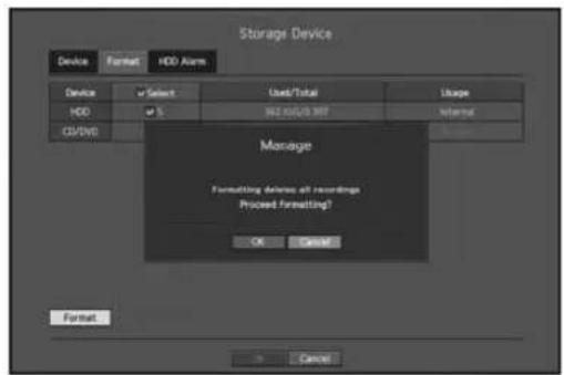 Storage Device Device Format HDD Alarm Device Select User/Total Usage HDD ✓ 362.0/0/0.987 Internal CPU/DVD Manage Formatting devices off recordings Proceed formatting? OK Cancel Format Cancel