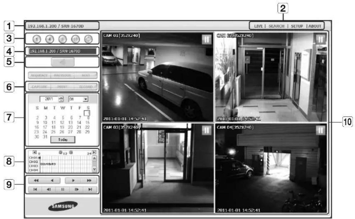 192.168.1.200 / SRN-1670D LIVE | SEARCH | SETUP | ABOUT CAM 01[352X240] CAM 02[352X240] CAM 03[352X240] CAM 04[352X240] 192.168.1.200 / SRN-1670D 2011-01-01 14:52:41 2011-01-01 14:52:41 2011-01-01 14:52:41 S M T W T F S 2 3 4 5 6 7 8 9 10 11 12 13 14 15 15 17 18 19 20 21 22 23 24 25 26 27 28 29 30 31 Today CH01 CH02 CH03 CH04 SAMSUNG 14 41 11 13 14 24 2011-01-01 14:52:41 2011-01-01 14:52:41 2011-01-01 14:52:41