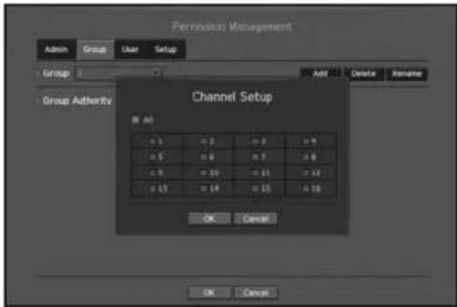 Permission Management Admin Group User Setup Group Group Adtherty Add Cancel Rename Channel Setup All = 1 = 2 = 3 = 4 = 5 = 6 = 7 = 8 = 9 = 10 = 11 = 12 = 13 = 14 = 15 = 16 OK Cancel OK Cancel