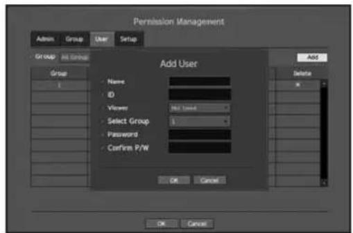 Permission Management Admin Group User Setup Group Alt Group Add User Name ID Viewer Select Group Password Confirm P/W OK Cancel Delete OK Cancel