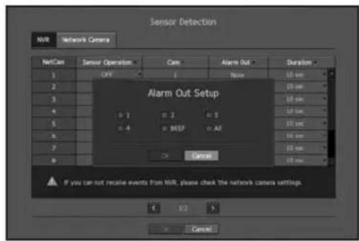 Sensor Detection NVR Network Camera NetCan Sensor Operation - Cam - Alarm Out - Duration - 1 - CRT - 1 - None - 10 sec 2 - 3 - 4 - 5 - 6 - 7 - 8 - 9 - Alarm Out Setup + 1 + 2 + 3 - 4 + BISP + AF Cancel If you can not receive events from NVR, please check the network camera setup. € £2 $ Cancel