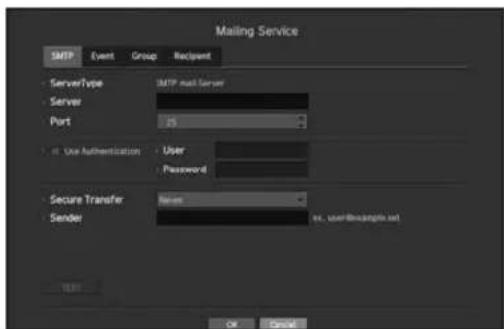 Mailing Service SMTP Event Group Recipient ServerType SMTP mail Server Server Port 25 Use Authentication User Password Secure Transfer Reset Sender ce, user@msamples.net OK Cancel