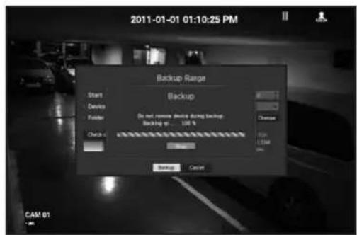 2011-01-01 01:10:25 PM Backup Range Start Device Folder Check up Backup Do not remove device during backup Backing up... 100 % Change OK 100% 100% Cancel Backup Cancel CAM 01