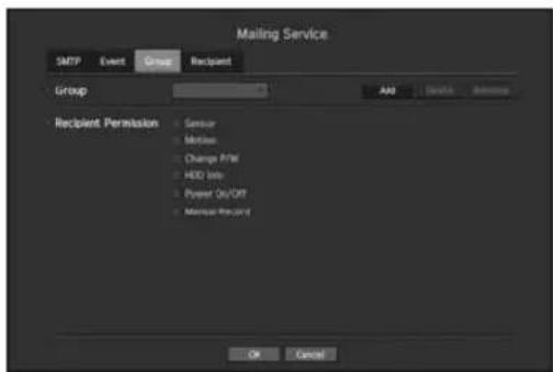 Mailing Service SMTP Event Group Recipient Group A00 Devus Advanced Recipient Permission Sensor Monitor Change Print HDD Info Power On/Off Manager Record OK Cancel