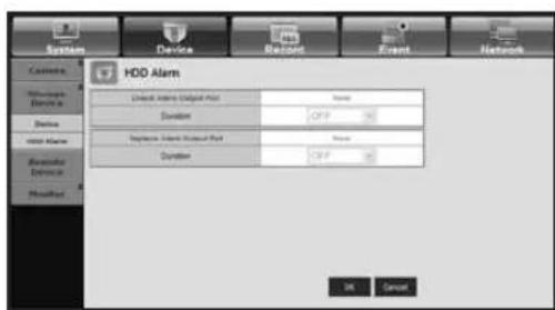System Device Reliant Event Network Camera Remote Device A Device Next Master Reorder Device Modified HDD Alarm Unmarked Name: Default Port Duration OFF Expiration: Unknown Port Duration OFF OK Cancel