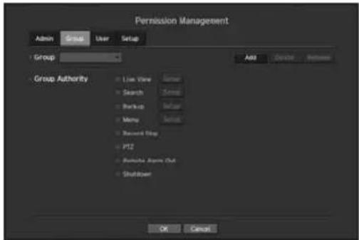 Permission Management Admin Group User Setup Group Group Authority Live View Search Backup Menu Recent Drop PT2 Remote Apache Out Shutdown Add Cancel Reference OK Cancel