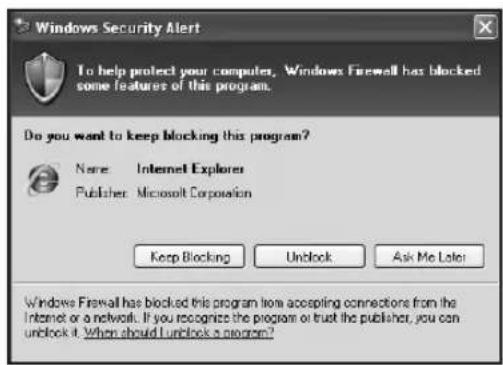 Windows Security Alert To help protect your computer, Windows Firewall has blocked some features of this program. Do you want to keep blocking this program? Name: Internet Explorer Publisher: Microsoft Corporation Keep Blocking Unlock Ask Me Later Windows Firewall has blocked this program how accepting connections from the Internet or a network. If you recognize the program or trust the publisher, you can unlock it. When should I unlock a program?