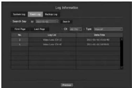 Log Information System Log Event Log Backup Log Search Day 01-02-03-04 Search First Page Last Page OK Add On Type New off No. Log List Date/Time 2 Video Loss (CH 1) 2015-01-01 15:02:40 6 Video Loss (CH 4) 2015-01-01 14:00:01 Protocol