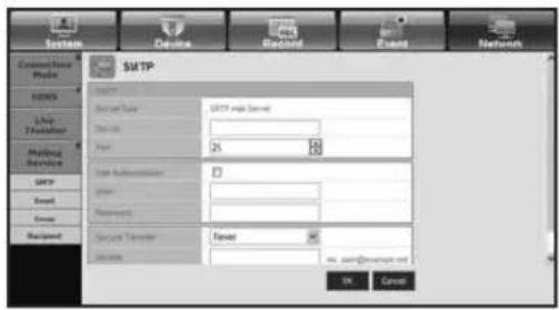 System Device Record Event Network Customize Media SOMS Live Telephone Mobile Service SMTP Event Event Backprop SMTP Start Date SMTP only saved User ID: 25 Date Subscribers: user: Accessories: Security Transfer: Newer: www.azm@smart.com OK Cancel