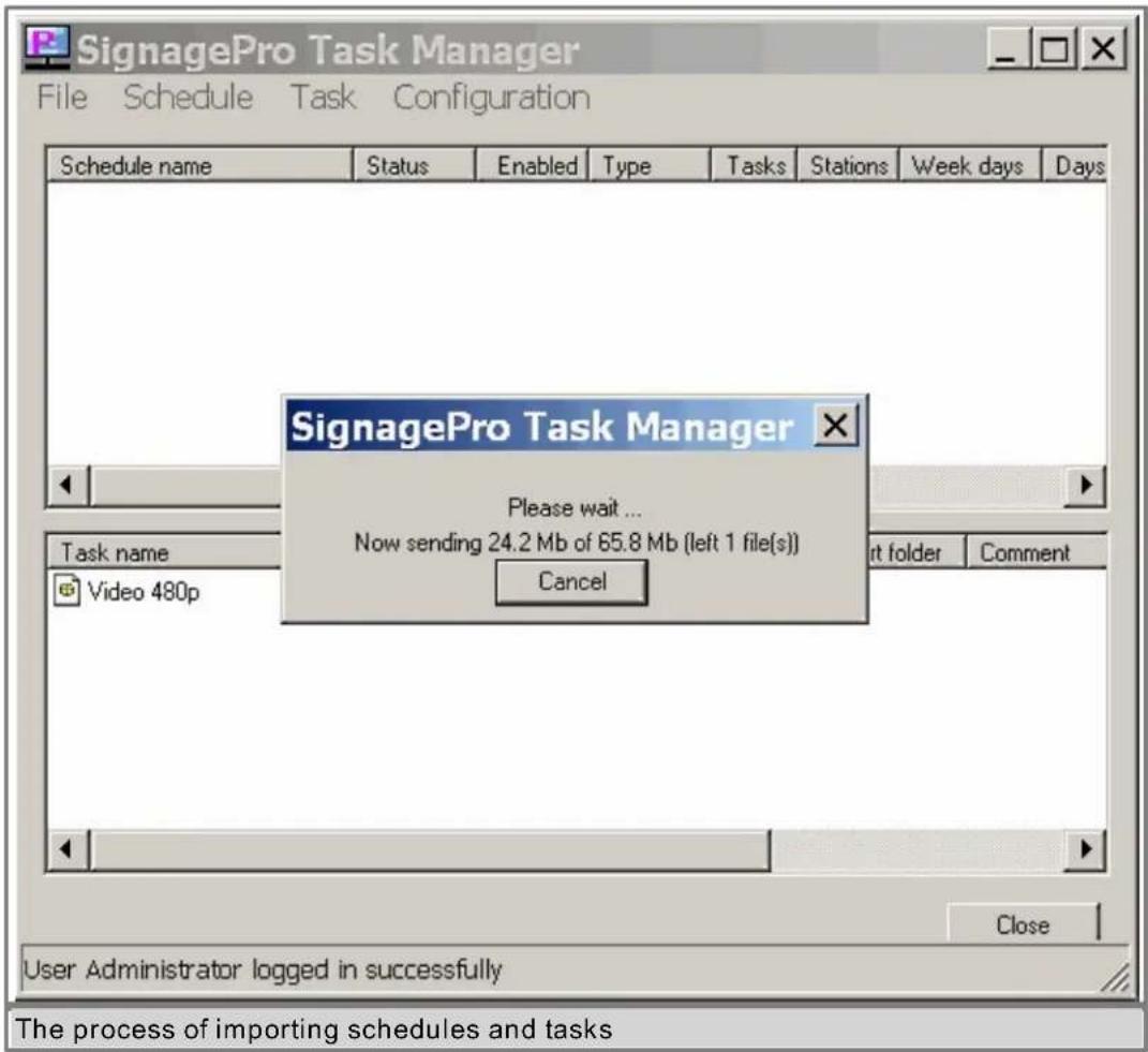 SignagePro Task Manager File Schedule Task Configuration Schedule name Status Enabled Type Tasks Stations Week days Days SignagePro Task Manager Please wait ... Now sending 24.2 Mb of 65.8 Mb (left 1 file(s)) Cancel Task name Video 480p rt folder Comment Close User Administrator logged in successfully The process of importing schedules and tasks