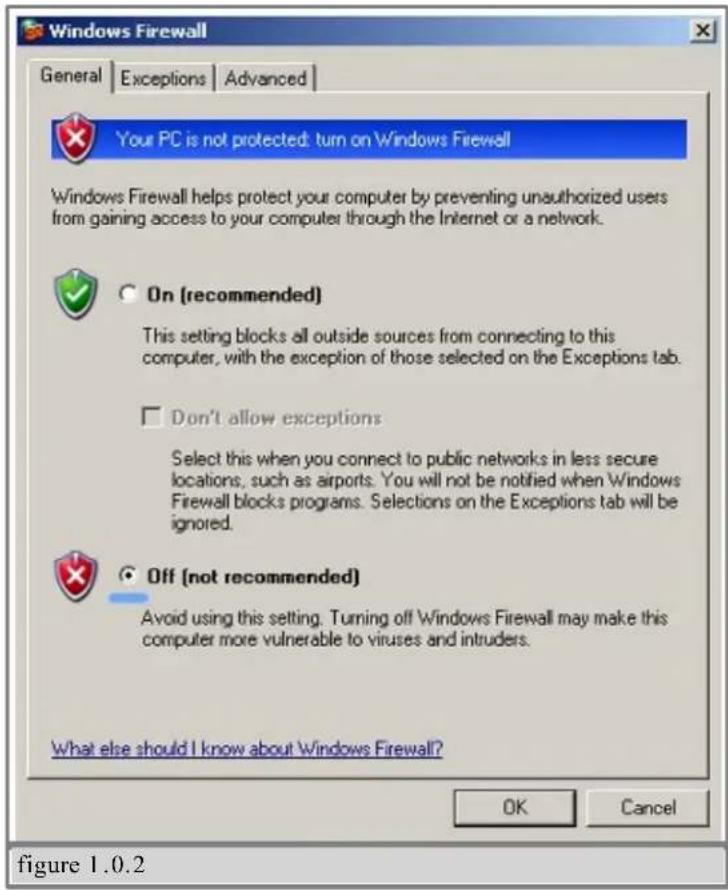 Windows Firewall General Exceptions Advanced Your PC is not protected: turn on Windows Firewall Windows Firewall helps protect your computer by preventing unauthorized users from gaining access to your computer through the Internet or a network. On (recommended) This setting blocks all outside sources from connecting to this computer, with the exception of those selected on the Exceptions tab. Don't allow exceptions Select this when you connect to public networks in less secure locations, such as airports. You will not be notified when Windows Firewall blocks programs. Selections on the Exceptions tab will be ignored. Off (not recommended) Avoid using this setting. Turning off Windows Firewall may make this computer more vulnerable to viruses and intruders. What else should I know about Windows Firewall? OK Cancel figure 1.0.2