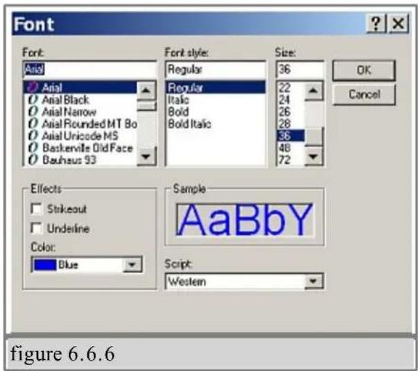 Font Font: Arial Arial Arial Black Arial Narrow Arial Rounded MT Bo Arial Unicode MS Baskerville Old Face Bauhaus 93 Effects Stirkeout Underline Color: Blue Font style: Regular Regular Italic Bold Bold Italic Size: 36 22 24 26 28 36 48 72 Sample: AaBbY Script: Western Figure 6.6.6