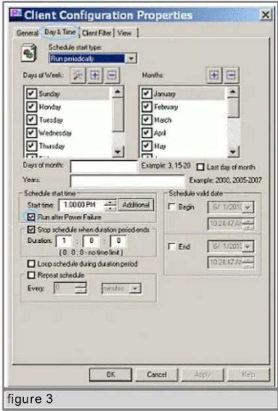 Client Configuration Properties General: Day & Time | Client Files | View | Schedule start type: Run periodically Days of Week: Sunday Monday Tuesday Wednesday Thursday Months: January February March April May Days of month: Example: 3.15-20 Last day of month Years: Example: 2000, 2005-2007 Schedule start time Start time: 1:00:00 PM Additional Run after Power Failure Stop schedule when duration period ends Duration: 1 : 0 : 0 (0 : 0 : 0 - no time limit) Loop schedule during duration period Repeat schedule Every: 0 minutes Schedule valid date Begin 6/1/2011 10.28.47 AM End 6/1/2011 10.28.47 AM OK Cancel Apply Kep figure 3